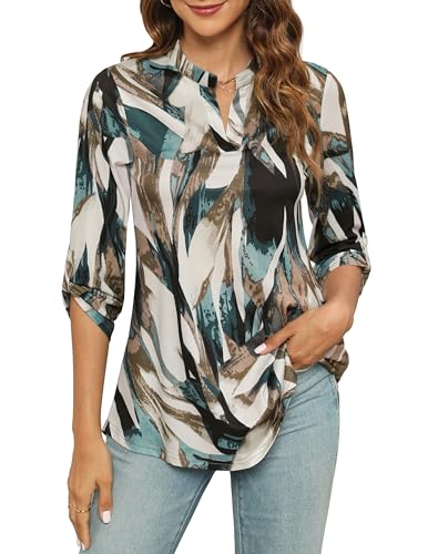 Zattcas Womens Floral Printed Tunic Shirts 3/4 Roll Sleeve Notch Neck Tunic Top