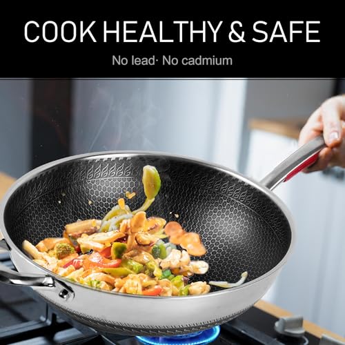 MEGOO-126-inch-stainless-steel-nonstick-wok-pan-with-lidstir-fry-honeycomb-wokcooking-wok-skilletfor-gas-cooktopsInductionelectric-stovedishwasher-safePFAPFOA-Free