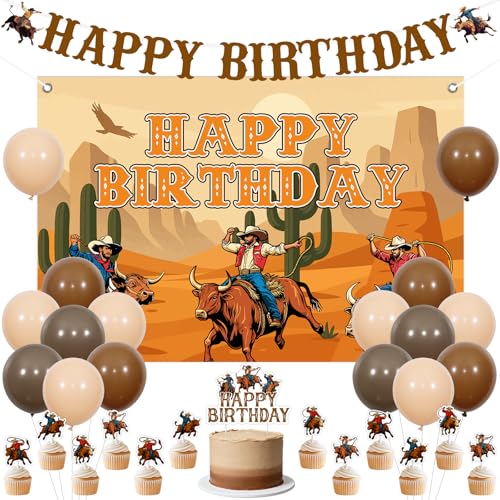 Décoration anniversaire cowboy western avec banderole et toppers de gâteau
