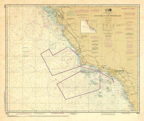 Paradise Cay Publications, Inc. Antiqued NOAA Chart 18022: San Diego to San Francisco Bay