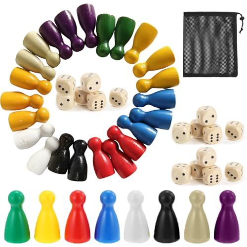 8 Farben 160 Stücke Holz Spielfiguren für Brettspiele Spielsteine Bunte Schachfiguren Halma Spiel mit 16 Würfel Inklusive Aufbewahrungstasche Klassisches Design Geeignet für Mehrspieler-Brettspiele