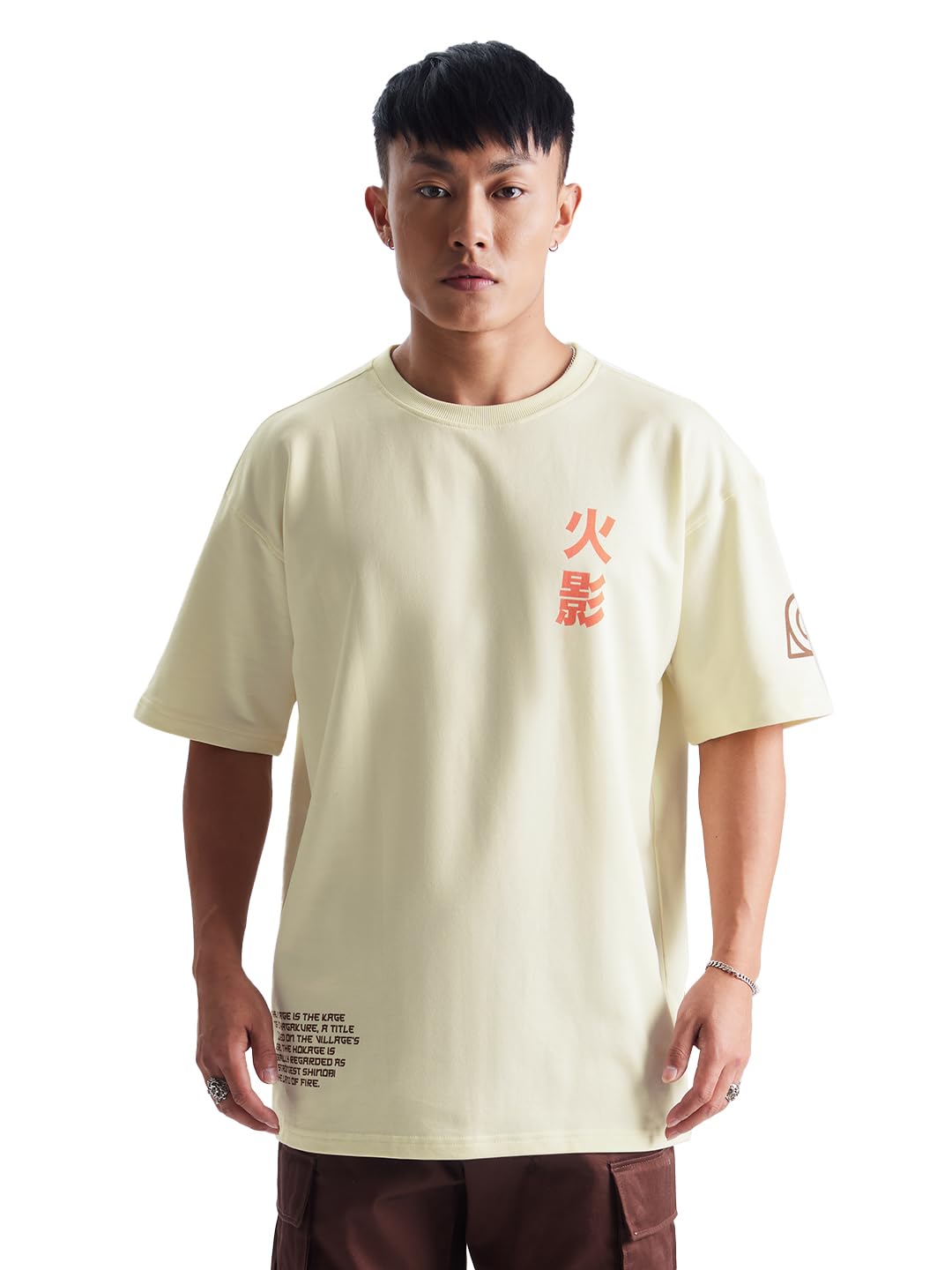 The Souled StoreOfficial Naruto: Hokage Mens and Boys Oversized fit Graphic Prnited Half Sleeve Cotton Beige Color Oversized T-Shirts (229750_M_Beige)