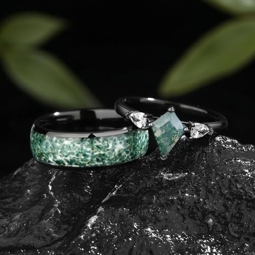 Moss Agate Couple Rings - Wedding Ring Set - Promise Ring for Her - Moss Agate Ring for Woman - Engagement Rings - Wedding Birthday Gifts2