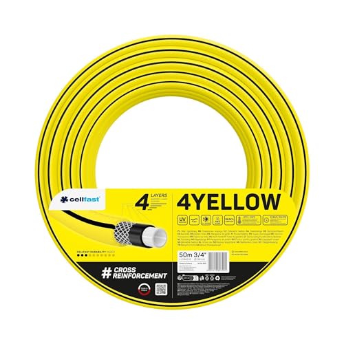 Cellfast YELLOW Gartenschlauch, Leicht, Strapazierfähig, 4-lagig, Haltbare Kreuzgeflecht, UV und Algenfest, Verwindungsfestigkeit, REACH-Technologie, 20 bar, -10/+50° Verschluss: 3/4', 50m