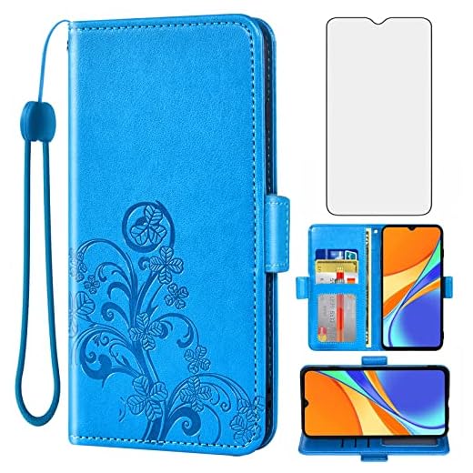 Asuwish Capa tipo carteira compatível com Xiaomi Redmi 9C e protetor de tela de vidro temperado, acessórios para bolsa dobrável, alça de pulso, suporte de cartão de crédito, capa de celular para