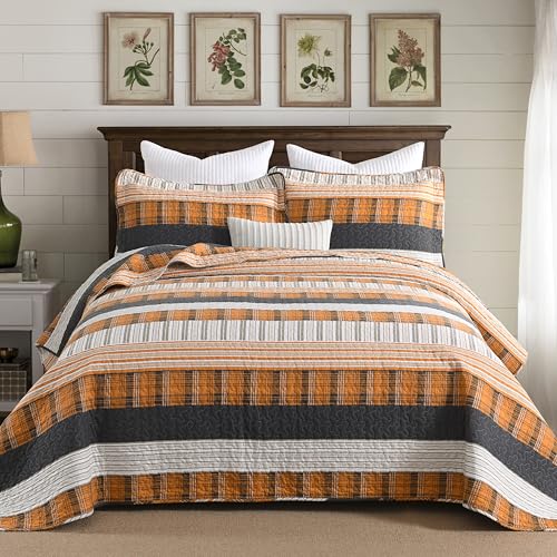 Image of Homzard 100% Cotton King Size Quilt Set Striped Plaid Orange Black Bedspread Set Summer Lightweight Farmhouse Washable Bedding Comforter Set 3 Pieces