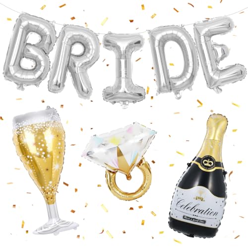 Image of 40inch Bride Balloons Silver Letters Banner, Bachelorette Party Decorations Set with Diamond Ring Champagne Bottle Balloon Glass Foil Balloon for Silver Bachelorette Engagement Wedding Bridal Shower