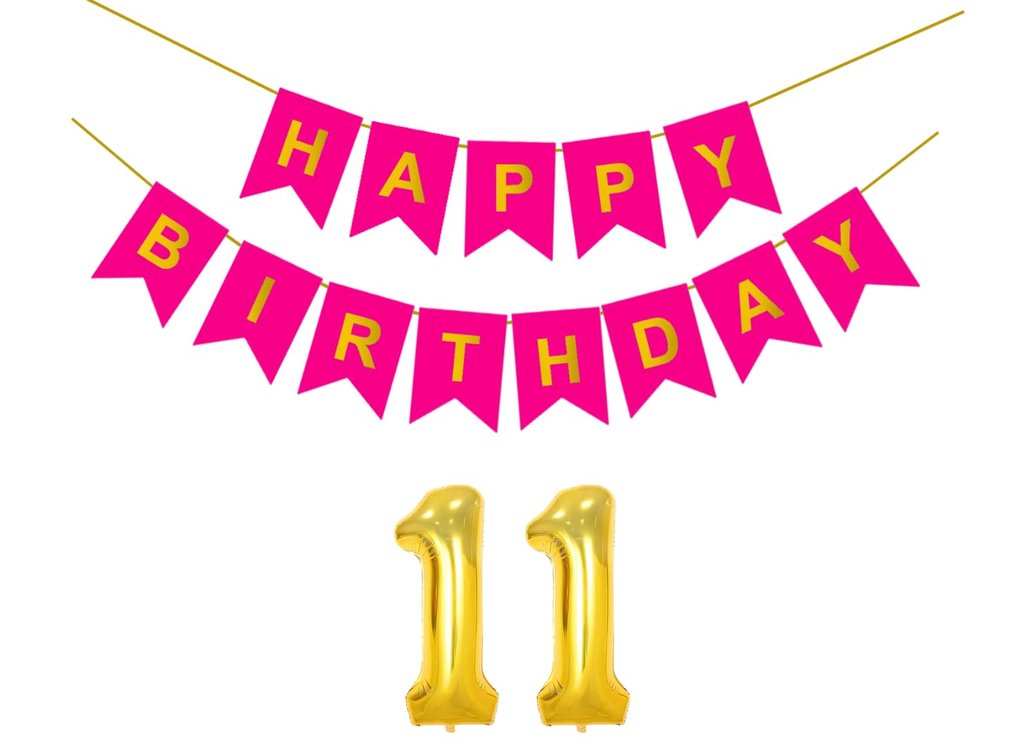 Flyloons 11th Dark Pink Colour Happy Birthday Banner Decoration Kit for 11 year Old Boys Girls Teenage | with Number Eleven | 13 Pcs Reusable Cardstock Happy Birthday Paper Banner