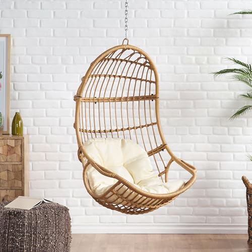 Image of Christopher Knight Home Mariah Wicker Hanging Chair with Cushion, Outdoor Indoor Basket Chair, Boho Garden Lounger Porch Swing Furniture, Modern Patio Decor, Light Brown and Beige