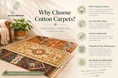 Image of Iryaa Homes Cotton Carpet With Hand Tufting And Hand Embroidery| Soft, Durable And Stylish Area Rug| Printed Rug for Living Room, Bedroom | Handmade with100% Cotton- Multi colour (4 Feet x 6 Feet)