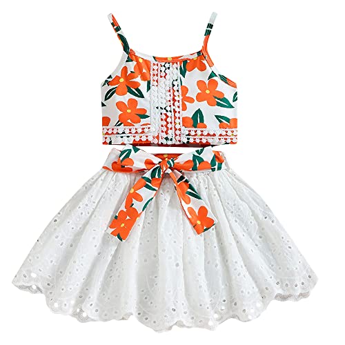 Image of Hopscotch Girls Polyester Floral Print Slim Fit Blouse and Skirt Set in Orange Color