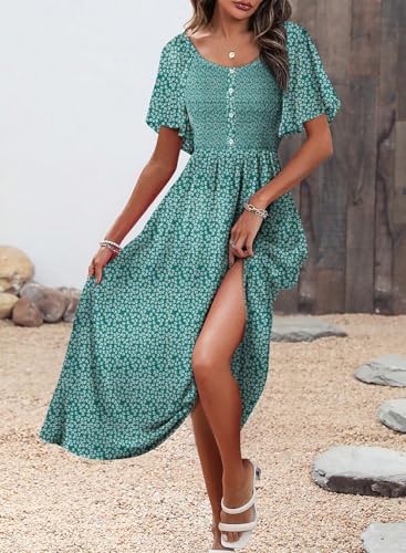 Image of Dokotoo Womens Dresses 2025 Square Neck Tie Backless Summer Dresses Cap Sleeve Floral Buttoned Empire Waist Maxi Dress