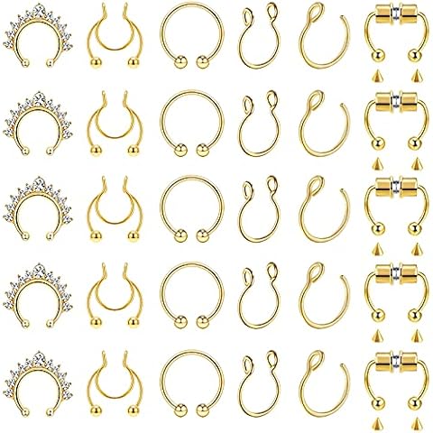 NEWITIN 30 Pieces Fake Nose Rings Hoop Stainless Steel Magnetic Septum Nose Ring Horseshoe Faux Non-Pierced Nose Ring Clip On Nose Hoop for Women, Stainless Steel, not known Cover