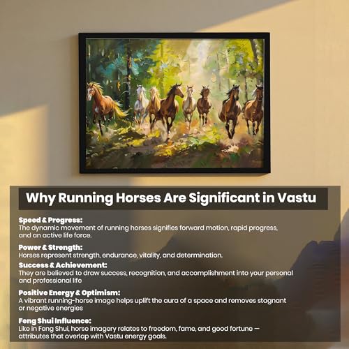Image of 8 Running Horses Vastu Framed Wall Art Painting For Living Room| Symbol of Growth Eight Horse Wall Painting With Frame for Home & Office, 17x23 Inch