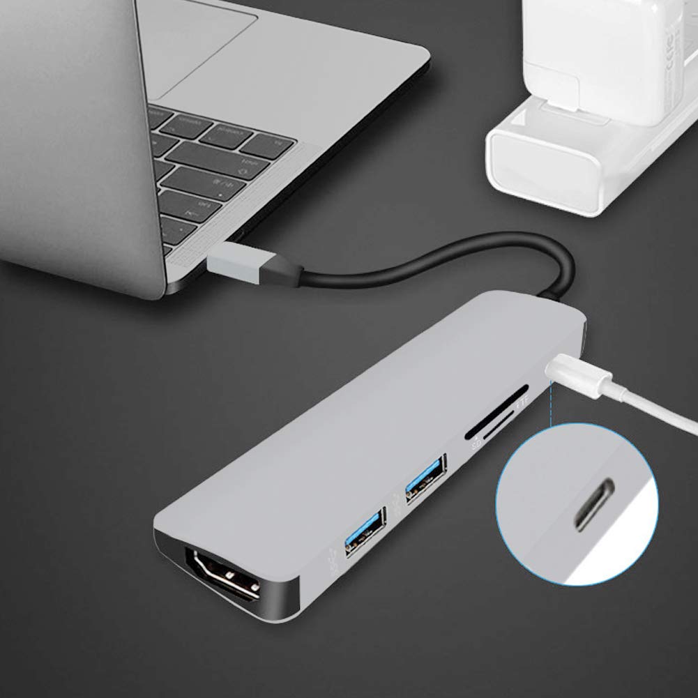 Ejoyous Espansore USB in Lega di Alluminio Hub 6 in 1 Tipo C con Lettore di Schede 4K 2 USB 3.0 PD 3.0 per Laptop Tablet Telefono Ufficio Viaggi a Casa