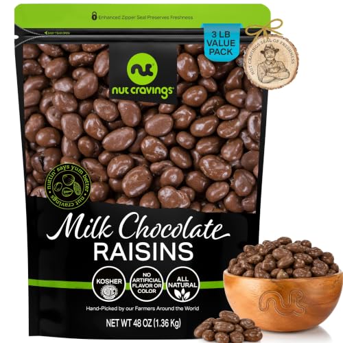 Image of NUT CRAVINGS - Chocolate Covered Raisins (48oz, 3 LB, Bulk) Sweet Healthy Snack, Vegan, Kosher, Resealable Bag