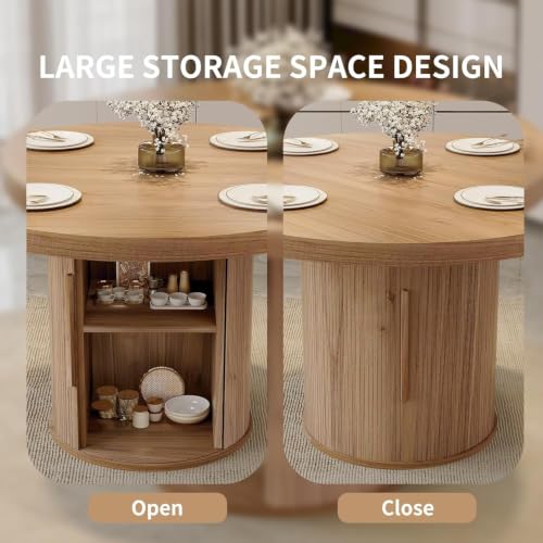 Image of Modern Round Dining Table Set for 4, 43.3 inch Walnut Wood Kitchen Table with 4 Black PU Leather Chairs, Mid-Century Circular Dinner Table with Heavy-Duty Iron Pedestal Base, Small Space Furniture