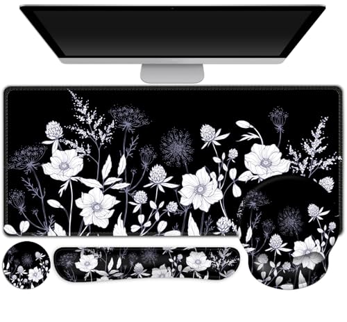 Gaming Mouse Pad, Large Desk Mat, Cute Desk Pad Protector, 4in1 XXL Mousepad + Keyboard Wrist Rest+Mouse Wrist Rest+Coaster Set with Ergonomic Desk Pad for Home Office PC Computer, Black White Flowers