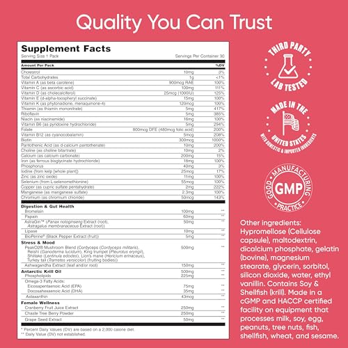 Women's Total Health Pack Daily Multivitamin Supplement, Energy, Stress & UT Support, Krill Oil, 22 Key Vitamins & Minerals, Iron, Biotin, Zinc, Selenium, Astaxanthin, Calcium (30 Pack) - Image 6