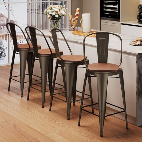 Image of Aklaus Swivel Metal Bar Stools with Backs Counter Stools Set of 4 Counter Height Stools High Back Bar Chairs 26 Inch Barstools Farmhouse Rusty