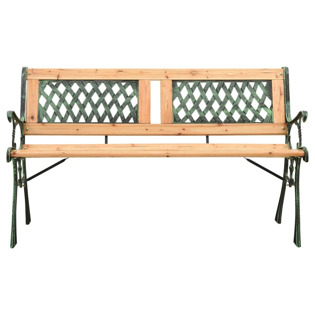 Banco de jardín de 122 cm de hierro fundido y madera maciza de abeto con respaldo decorativo de PVC en patrón de rejilla, para terraza y porche, estable y duradero