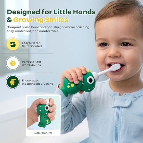 Image of R for Rabbit Tiny Smiles Dino Kids Toothbrush with Tongue Cleaner for Toddlers & Babies 2+ Years | Extra Ultra Soft PBT Bristles, Gentle on Gums | Cute 3D Dinosaur Easy Grip Handle | BPA Free (Green)