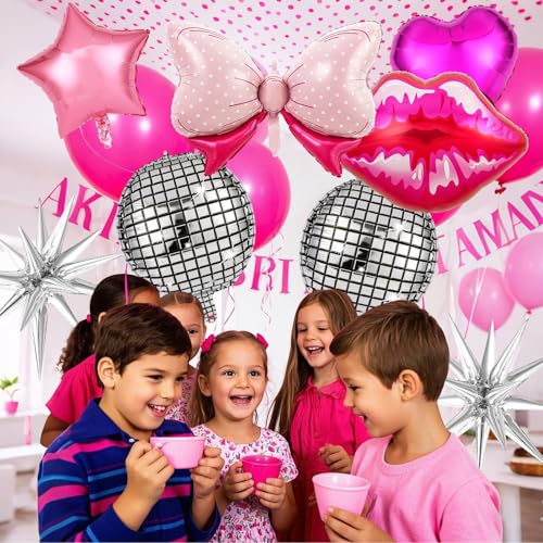 Image of 11 Pcs Hot Pink Princess Foil Balloons, Disco Ball Balloon, Girl Head Balloons, Pink and Silver Balloon for Box Photo Booth Backdrop, Birthday, Baby Shower, Bachelorette Theme Party Decorations