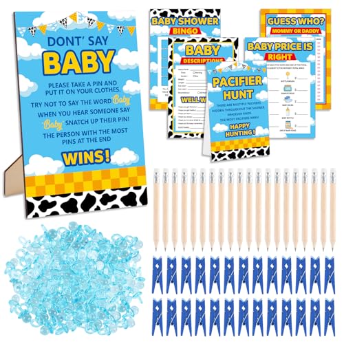 327 Pcs Cartoon Story Baby Shower Game Supply for Girl or Boy Include 200 Activity Card 25 Pencil 1 Dont Say Baby Sign 50 Clothespin 1 Pacifier Hunt Sign 50 Pacifier for Price Is Right Party Decor
