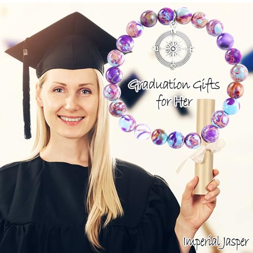 Image of 2025 Graduation Gifts for Her /Him, Natural Stone Bracelet with Compass Charm, Unisex Bracelets Comes in Gift Box with Quote Card for Classmates Friend