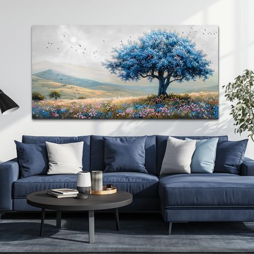 KELIYUAN Large Farmhouse Wall Decor For Living Room Frame Wall Art For Bedroom Office Decoration Field Scenery Wall Painting Blue Trees Artwork canva Pictures Modern Aesthetics Home Decor 30x60In
