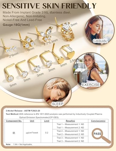 THUNARAZ 18g 20g Hypoallergenic Stainless Steel Nose Rings Hoop L Shape Nose Studs Cute Heart Square CZ Nose Bone Screw Nostril Piercing Jewelry for Women Men Silver 14K Gold Filled3