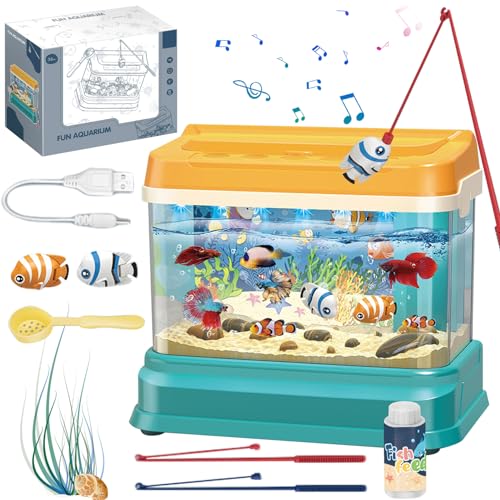 Fish Tank Plastic Fish Toy Set Cute Magnetic Realistic Feeding Toy Fish Tank with Sound and Light 3 Mode USB Power Fake Aquarium with Fishing Rod Net Feed Bottle