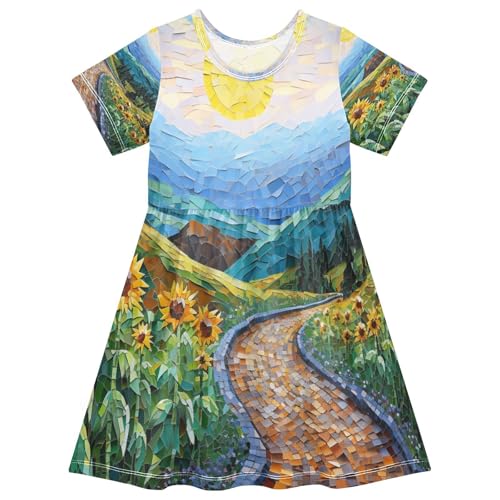 ALAZA Sunflower Moon Night Oil Painting Girls Dress Short Sleeve Toddler Casual Dresses Summer Sundress 2-8T