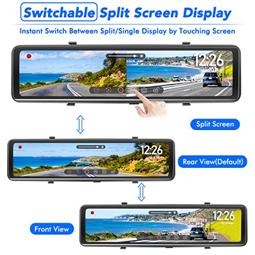PORMIDO Mirror Dash Cam-Backup Camera 12"Large Full Touch Split Screen Front and Rear View Camera 1296P HD Waterproof Back up Car Camera 170° Wide Angle,Starlight Night Vision,Parking Monitor, SD Card