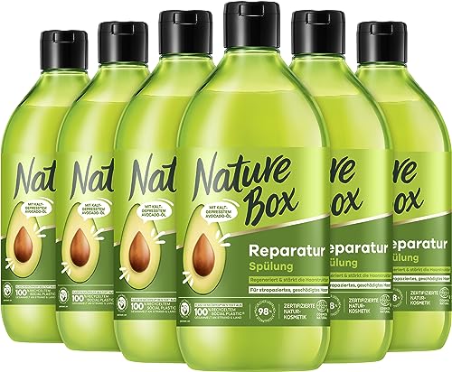 Nature Box Acondicionador reparador de cabello (385 ml), acondicionador con aceite de aguacate que repara el cabello y protege contra las puntas abiertas, botella de plástico 100% social, 6 x 385 ml