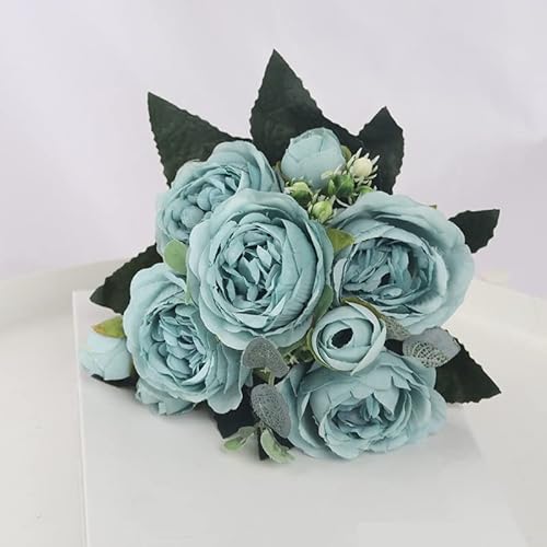 PULUN Fleurs artificielles 1Bouquet 9 têtes Fleurs Artificielles Pivoine Thé Rose Automne Soie Faux Fleurs for DIY Salon Maison Jardin Décoration De Mariage Protection Contre Les UV (Color : Blauw) Cover
