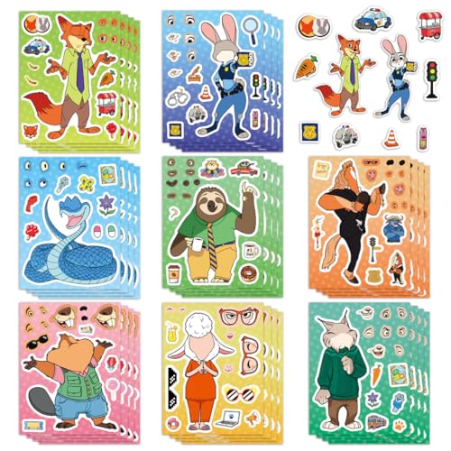 24 Sheets Cool Zootopia 2 Sticker Cute Cartoon Charaters Make Your Own Sticker Make a Face Stickers Party Favors Activities Gifts (p)