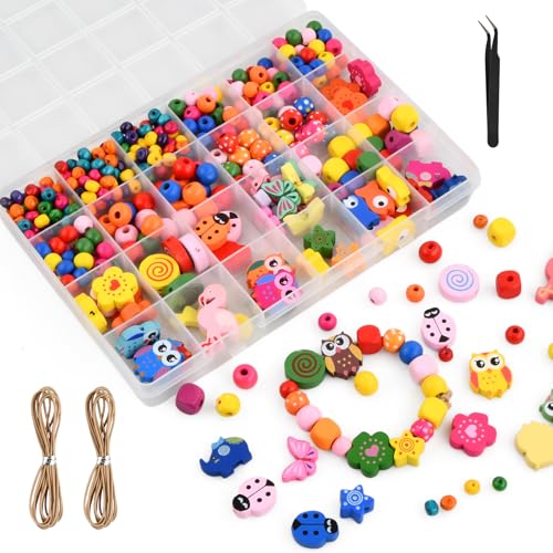 Aohyue 433 Pièces de Perles en Bois Colorées, pour Bracelet Collier Boucles D'oreilles, Ensemble de Bricolage de 18 Perles, Perle Colorées Artisanales À Enfiler,...