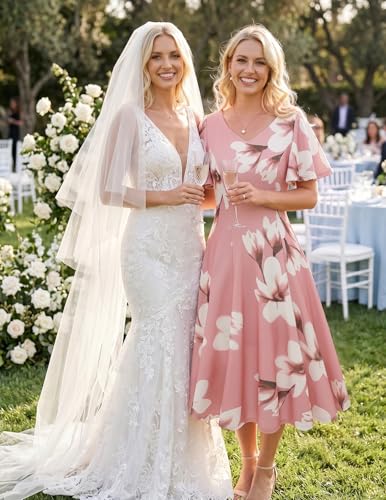 Image of HomRain Wedding Guest Dresses for Women Vintage Short Sleeves Casual Fit and Flare Cocktail Formal Dress for Tea Party