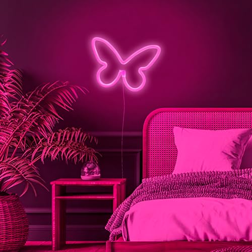 Image of Butterfly Neon Signs LED Light 3-AA Battery Powered, USB Operated Wall Neon Light Decor Butterfly Neon Wall Art for Bedroom Wedding Birthday Party Home Decor (Pink)