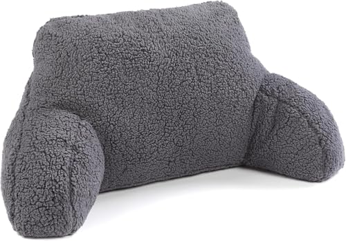 Downland Huggleland Reading Pillow with Arms - Soft Teddy Fleece Cuddle Cushion for Adults Backrest Support Pillow for Bed Chair & Armchair Reading Cushion (Charcoal) - 45H x 39D x 89W cm