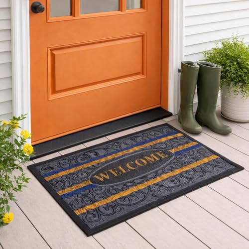 Image of DecorTwist PVC Door Mat 60x40 cm | Heavy Duty Indoor Outdoor Entrance Mat | Anti-Slip Rubber Back | Waterproof Dust & Dirt (Style 2 [ Black Premium Scroll ], PVC Door Mat 60 * 40 cm, Pack of 2)