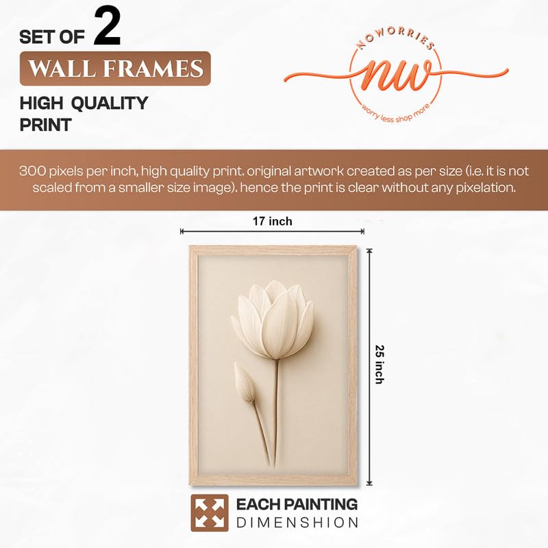 Image of NoWorries Minimal Lotus Flower Wall Painting Set of 2 with Frame | Soft White Floral & Vase Botanical Artwork, Neutral Beige Nature Wall Decor for Living Room, Bedroom, Office and Home Decoration (Art-5, 17x25inch)