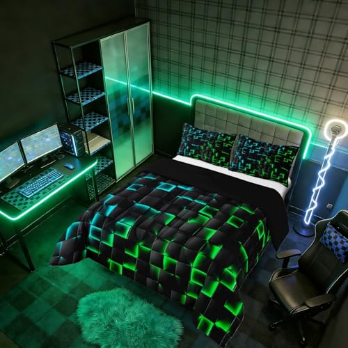 Image of Erosebridal Geometric Checkered Boys Bedding Set King Size Neon Teal Green Comforter Set for Kids Teen Men Gamer Room Decor,Abstract Ombre Plaid Comforter Grids Quilt Duvet Black