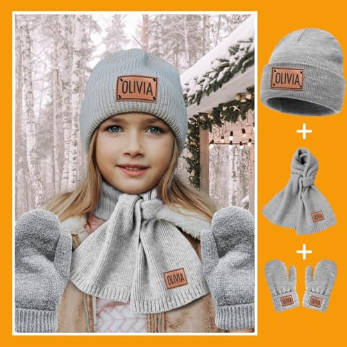 Custom Toddlers Winter Hat Scarf Gloves Set 3 Pcs for Girls Boys, Personalized Leather Patch Baby Beanie Hat3