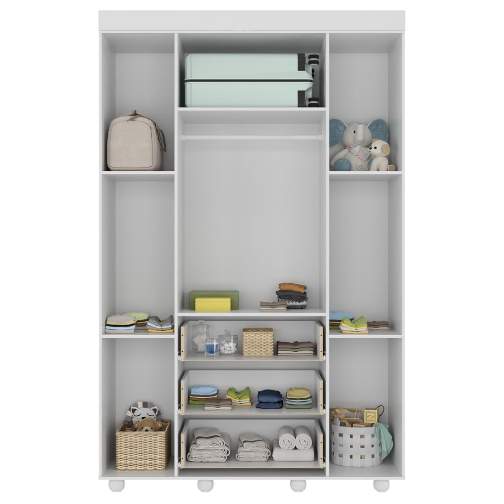Armario Infantil Bubbles 4 Puertas y 3 Cajones – Blanco, Seguro, Organizado y Duradero
