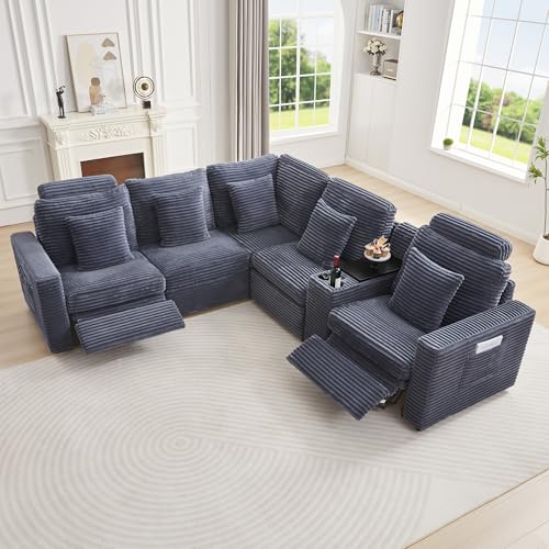 RARZOE Oversized Modular Sectional Sofa with 2 Power Recliner, 5-Seater L-Shaped Corduroy Reclining Couch with Storage Console Charging Cup Holders, Fluffy Reclining Couches for Living Room,Grey