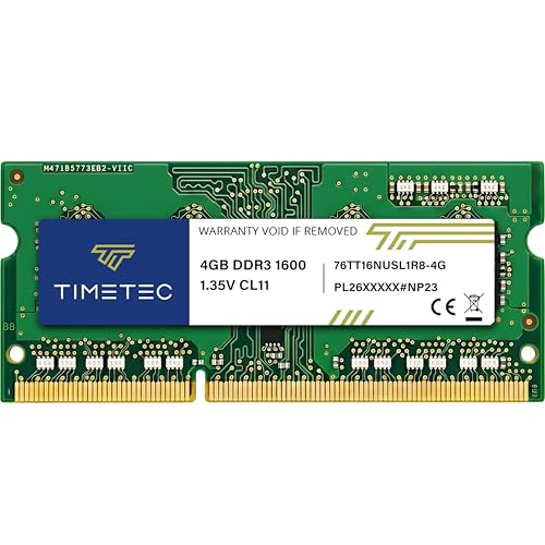 Timetec 4GB DDR3L / DDR3 1600MHz PC3L-12800 / PC3-12800 Non-ECC Unbuffered 1.35V / 1.5V CL11 1Rx8 Single Rank 204 Pin SODIMM Laptop Notebook PC Computer Memory RAM Module Upgrade (4GB)