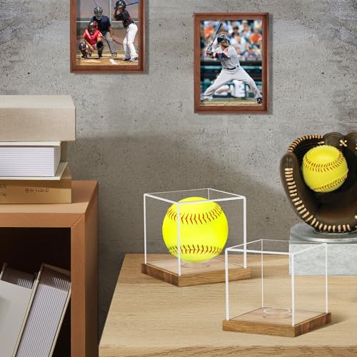 Image of Hooqict 2Pcs Softball Display Case Clear Acrylic Ball Holder with Wood Base Stand UV Protected Championship Softball Box Memorabilia Sports Ball Golf Ball Tennis Ball Baseball Display Case