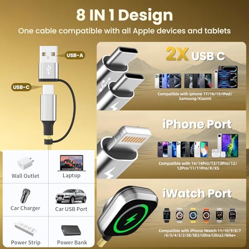 Image of 4 in 2 Multi Charging Cable for iWatch Charger, 2Pack 5FT Travel Essentials